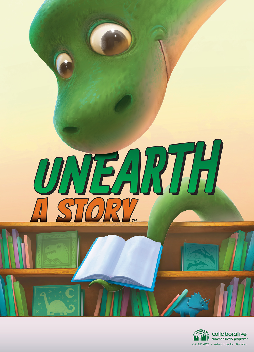 Dinosaurs with a book in a library with the caption, "Unearth a Story."