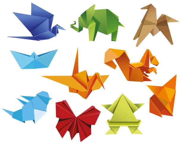 Brightly colored paper is folded into shapes like animals.